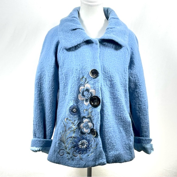 Vintage Style Embroidered Blue Snap Up Wool Jacket Women’s Coat XL - Picture 2 of 14